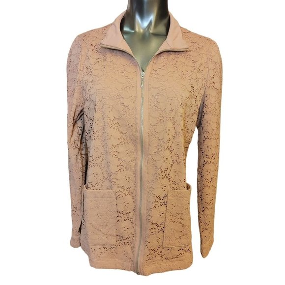 DENIM & COMPANY Womens M Pink Lace Full Zip Lace Top Cardigan Jacket Pockets - Picture 1 of 4